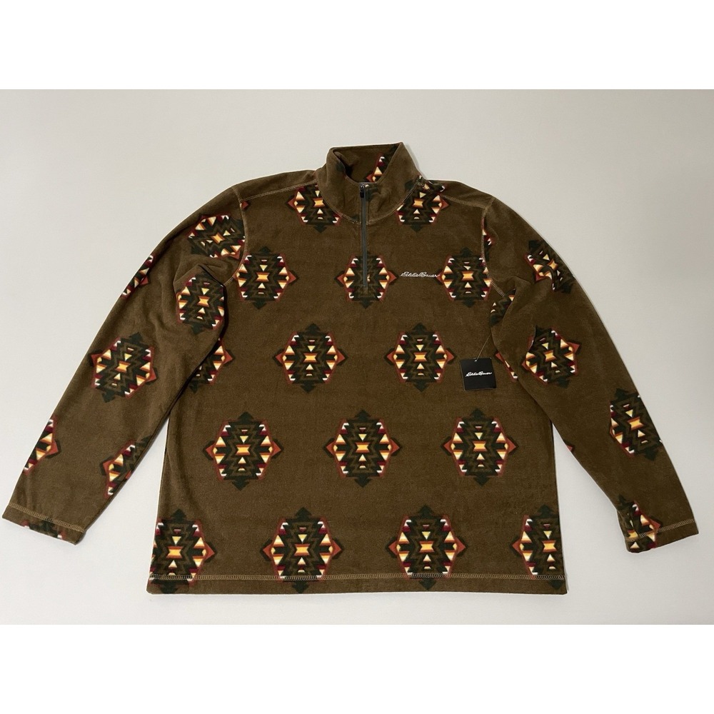 NWT Eddie Bauer Jacket Mens XL Brown Aztec Print Fleece 1/4‎ Zip Pullover